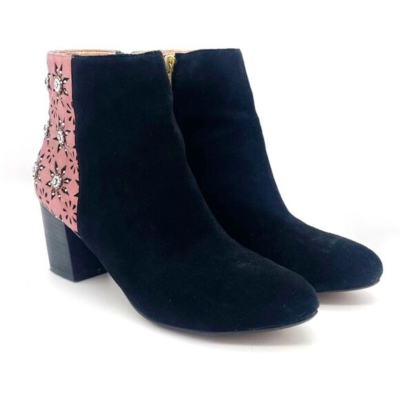 Anthropologie Miss Albright Kaida Beaded Ankle Bootie Black Pink Suede Size 8 - Picture 7 of 16